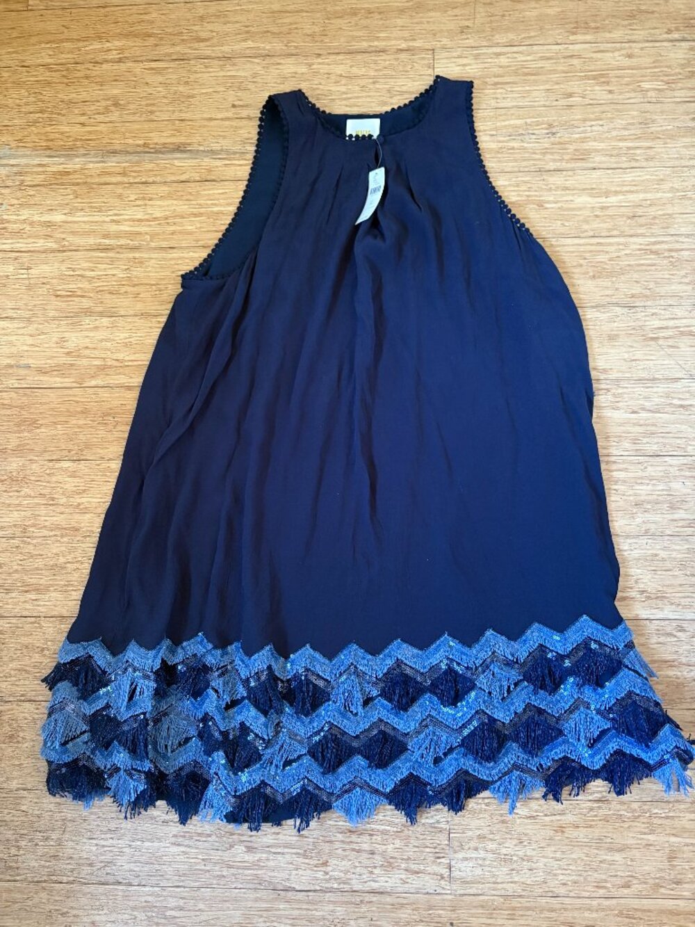 NWT Anthropologie Maeve Boho Festivity Swing Dress Navy Sequin Fringe Size 16